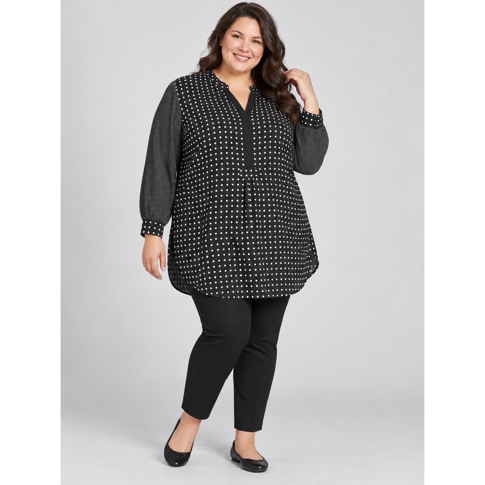 Anne Klein Women Tunic Top Black White Polka Dot Long Sleeve Plus Size 3X